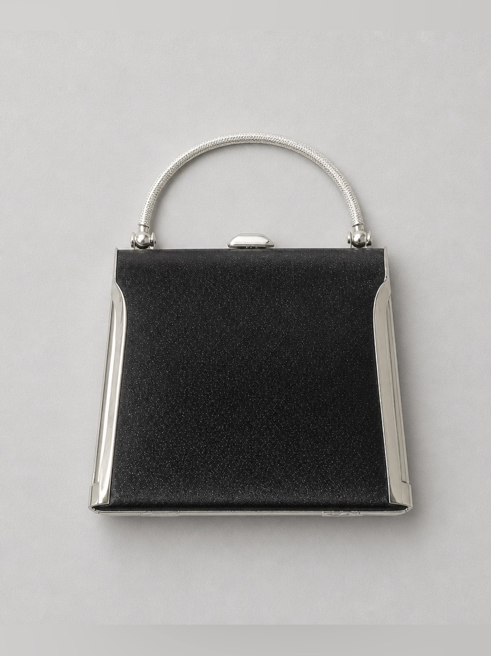 Vintage Satin Black Evening Bag Featuring A Structured Frame With Silver Tone